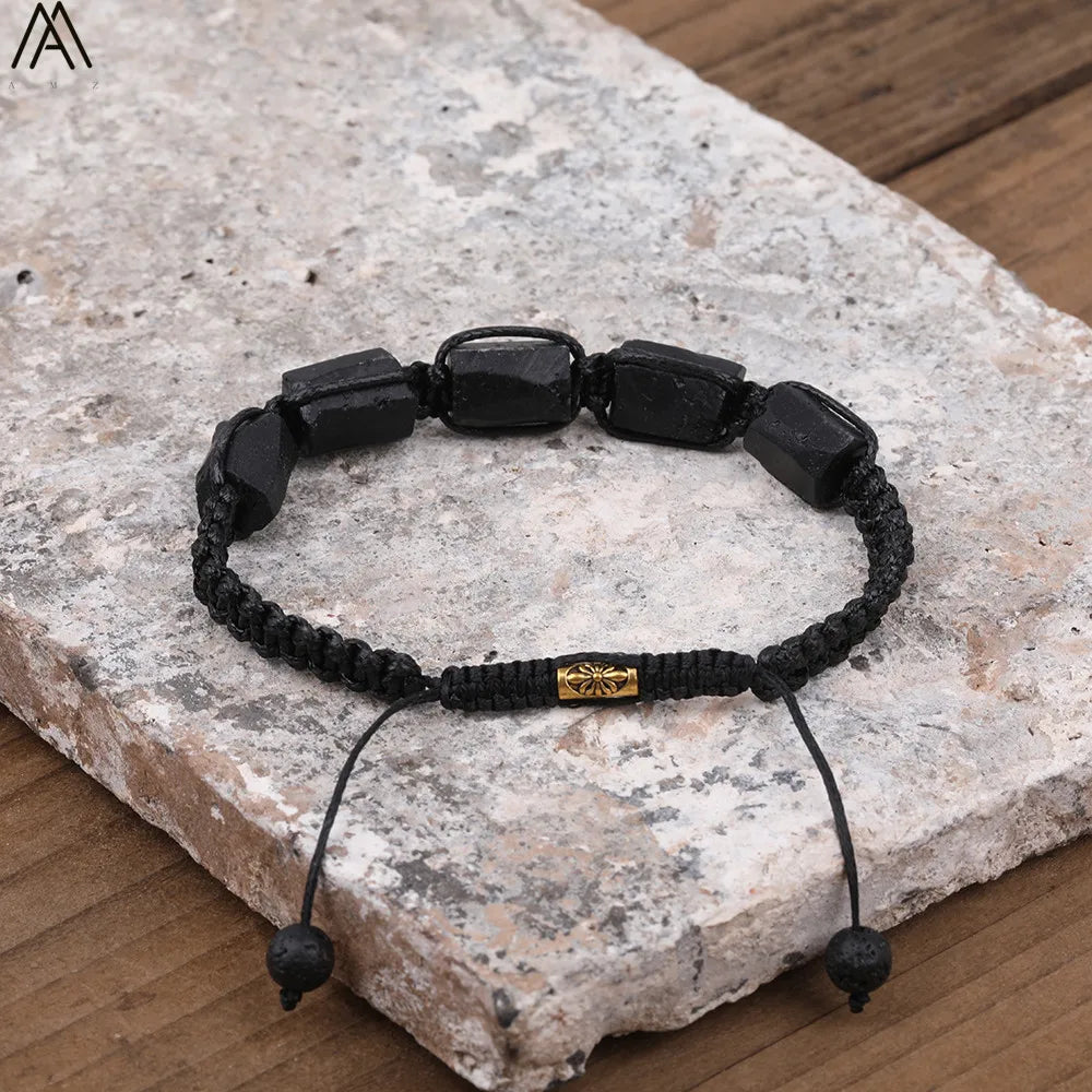 Natural Black Tourmaline Nugget Beads Knotted Handmade Woven Bracelet Women Stone Beads Braid Bracelet Adjustable N0456AMI