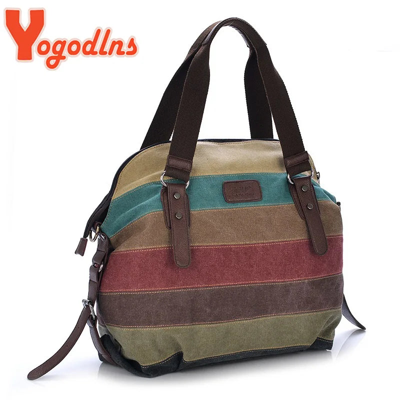 Yogodlns  Canvas Totes Striped Womens Handbag New Patchwork Rainbow Shoulder Bag Fashion Female Casual Crossbody Bag Sac a Main