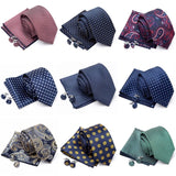 Mens Jacquard Tie Cravat Cufflinks Set Luxury Necktie Fashion Stripe Ties for Men Gift Wedding Dress Handkerchief Accessories