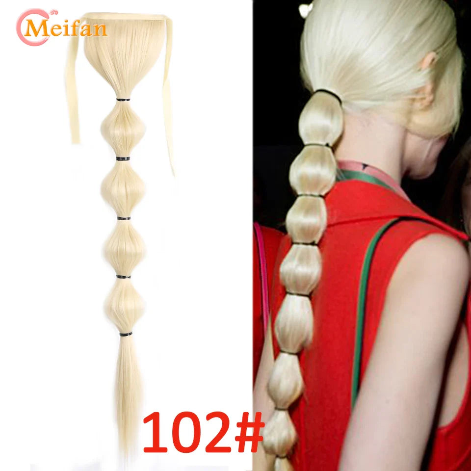 MEIFAN Synthetic Long Hair Lantern Bubble Ponytail Clip in Drawstring Brown Bubble Braids Natural Fake Pony Tail Hair Extensions