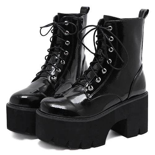 Gdgydh Woman Lace Autumn Boots Womens Ladies Chunky Wedge Platform Black Patent Leather Ankle Boots Punk Goth Shoes Lace Up