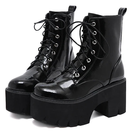 Gdgydh Woman Lace Autumn Boots Womens Ladies Chunky Wedge Platform Black Patent Leather Ankle Boots Punk Goth Shoes Lace Up