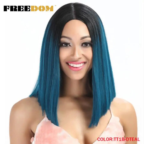 FREEDOM Synthetic Lace Wig Short Bob Straight Middle Part Lace Wigs Blue White Pink Purple Ombre Color Cosplay Wigs For Wome