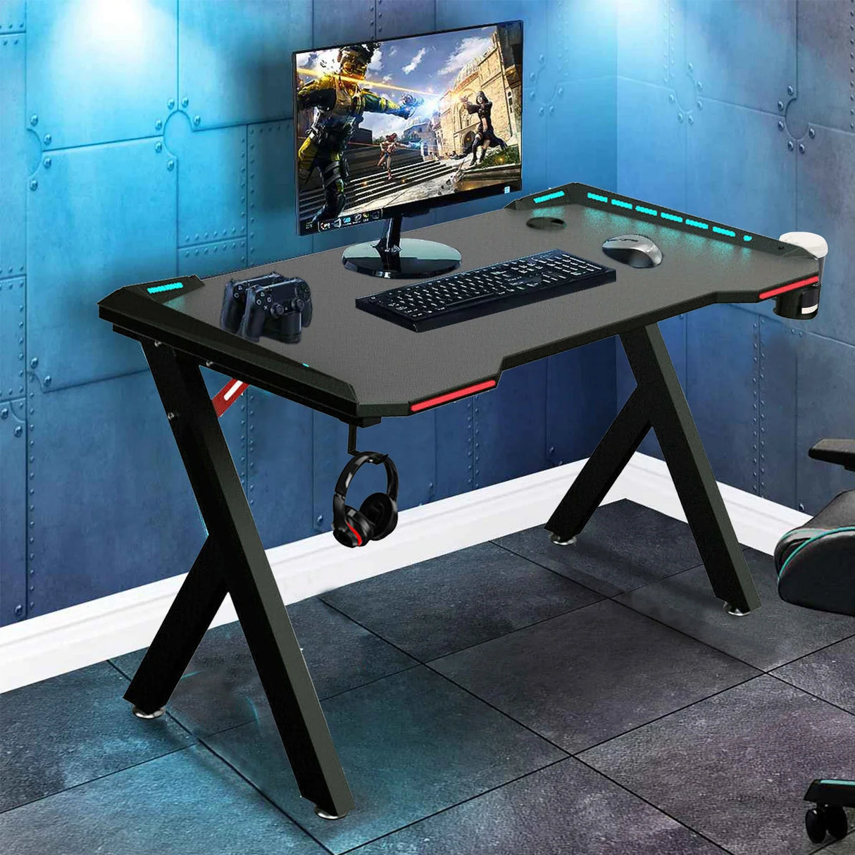 Gaming Desk PC Computer Gamer Desk Ergonomic Workstation with RGB LED Lights Headphone Hook Cup Holder for Home Offices