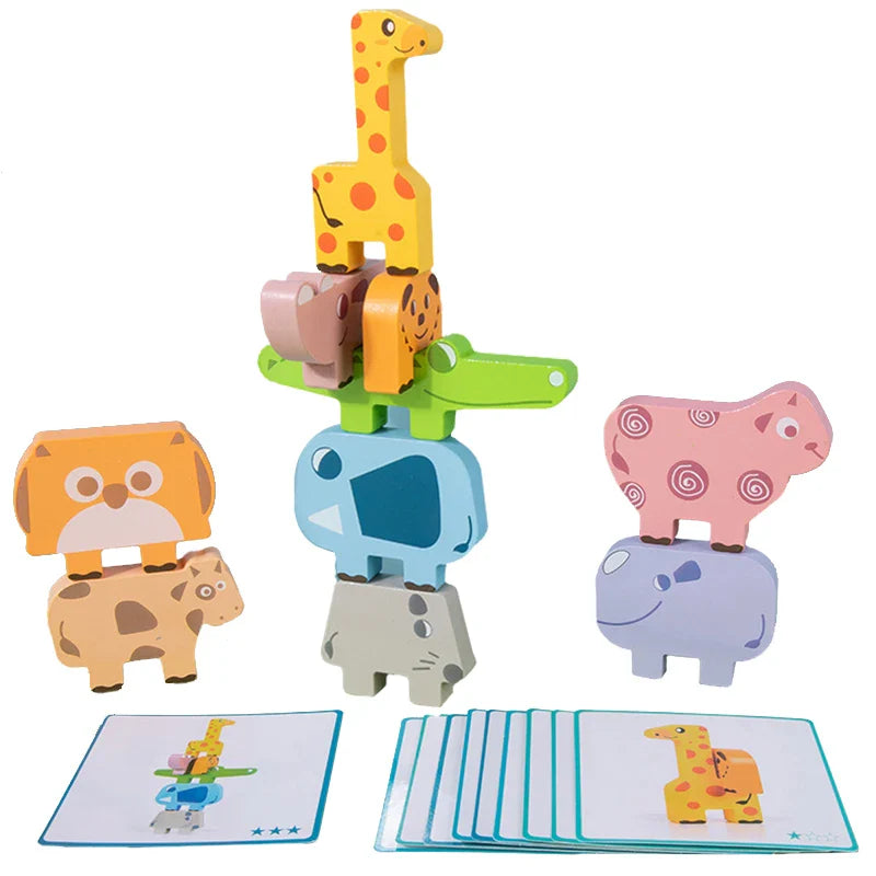 Wooden Animal Stacking Blocks Toy Shape Matching Puzzles Game  Balance Fine Motor Training Montessori Educational Toddler Toys