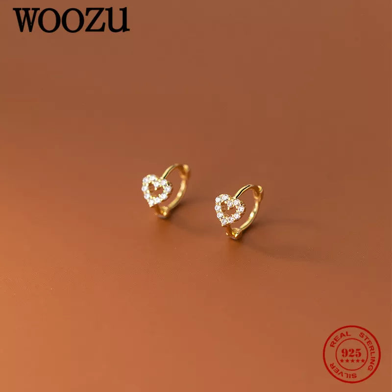 WOOZU 925 Sterling Silver INS Minimalism Sweet Love Heart CZ Zircon Hoop Earrings For Women Girl Small Ear Buckle Jewelry Gift