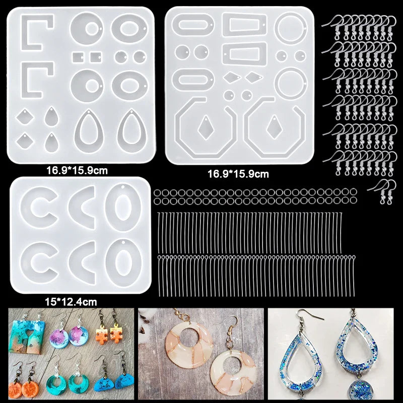 Resin Molds Silicone Kit with Epoxy Resin Supplies Dried Flowers Foil Flakes Necklace Cord Earring Hooks for DIY Jewelry Making