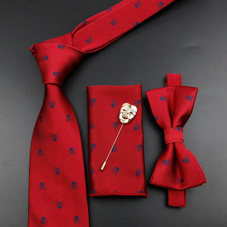 Fashion Men's Skull Tie Set New Design 8cm Polyester Suit Collar Bowtie Handkerchief Trendy Mask Brooch Luxury Wedding Accessory