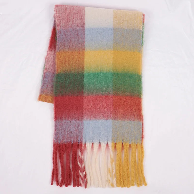 Luxury Brand Women Plaid Scarf Winter Warm Pashmina Shawls Cashmere Thick Wrap Lady Tassel Scarves Rainbow Hairy Bufanda