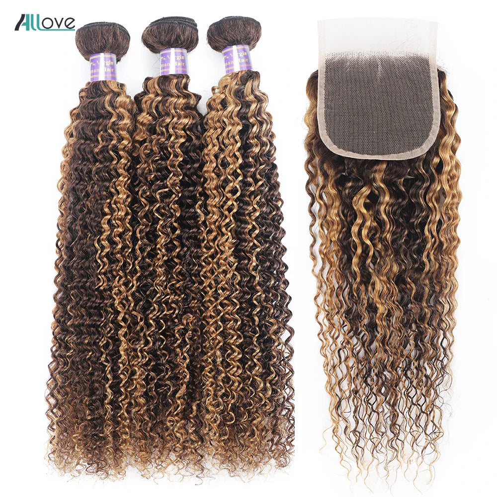 P4/27 Highlight Curly Hair Bundles With Closure 4x4 Transparent Lace Closure With Bundles Brazilian Ombre Honey Blonde Bundles