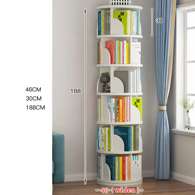 360° Rotating Children's Bookshelf 6 Floor Shelves Cabinet Wooden Storage Rack Furniture Library Sundry Holder Magazine Bookcase