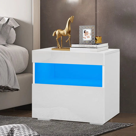 Modern Luxury LED Light Nightstand w/2 Drawers Organizer Storage Cabinet Bedside Table Bedroom Furniture for Night 20 Colors