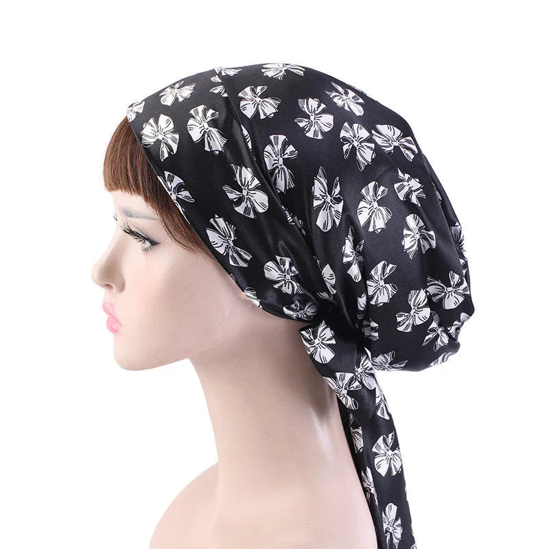 New Women Satin Night Sleeping Cap Head Wrap Bowknot Turban Pre-Tied Fitted Bandana Chemo Caps Nightcap Hair Loss Bonnet Hat