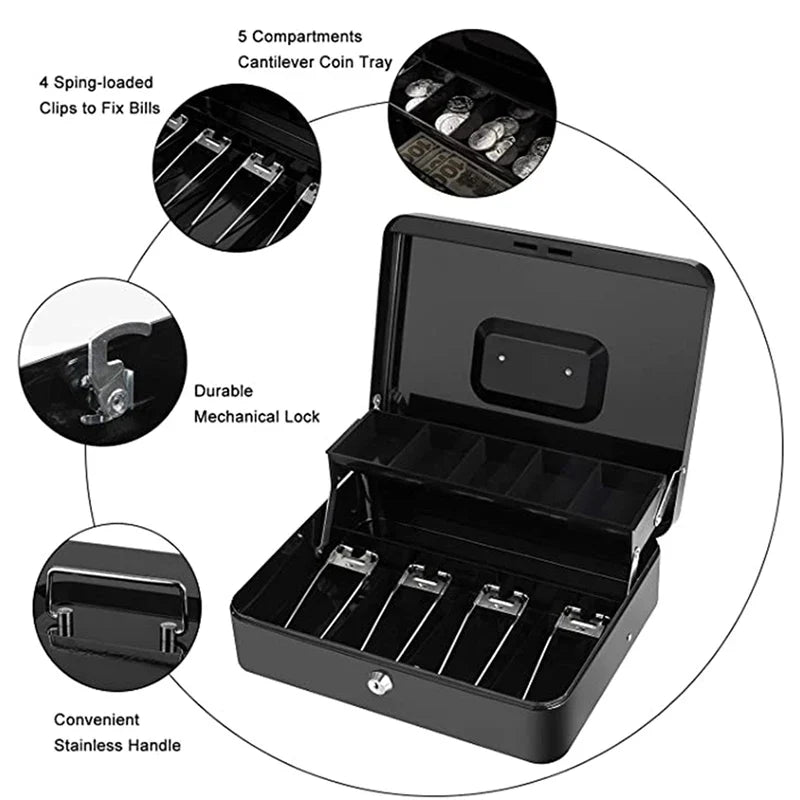 Locked Large Cashier Drawer Metal Cash Box 2 Layers Safe Cash Storage Box with 5 Coin 4 Bills Slots Steel Money Tray Deposit Box