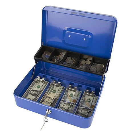 Locked Large Cashier Drawer Metal Cash Box 2 Layers Safe Cash Storage Box with 5 Coin 4 Bills Slots Steel Money Tray Deposit Box