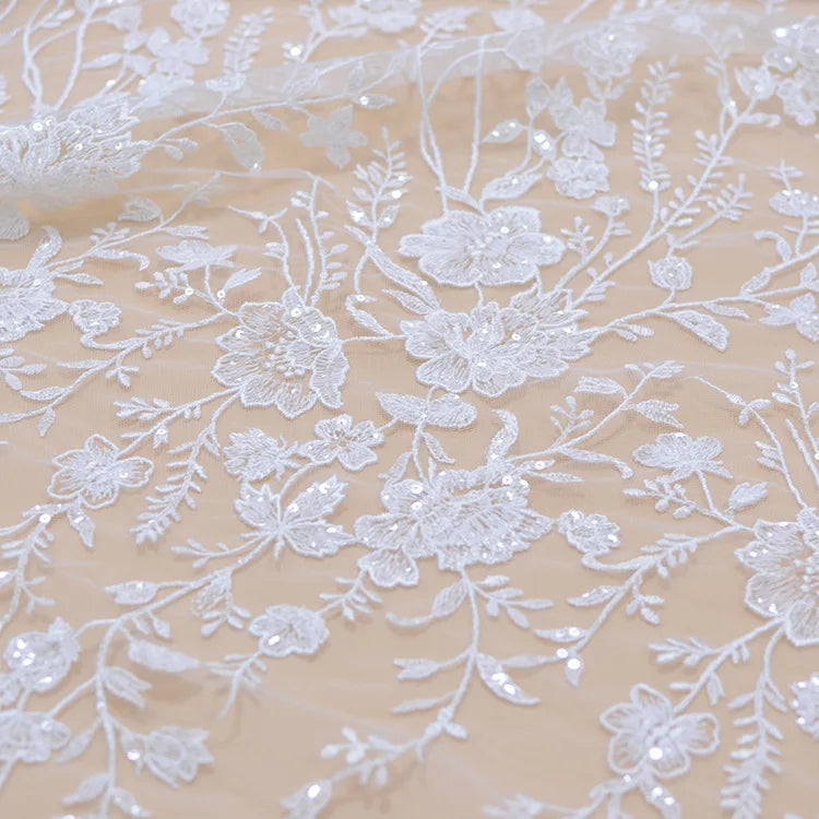 Snow White, Ivory Sequined Tulle Lace Fabric for Wedding Dress 2021 NEW Arrival High Quality Florals Embroidery Lace Free Ship