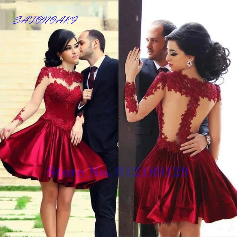 Burgundy 2024 Homecoming Dress A-Line High Collar Long Sleeves Appliques Lace Elegant Short Cocktail Dresses Vestidos De Fiesta