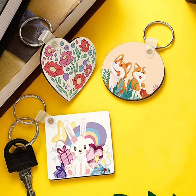 12/24/30Pcs Sublimation Blank Keychains Thermal Transfer Key Chain Double-Side Printed MDF Keyrings with Split Rings