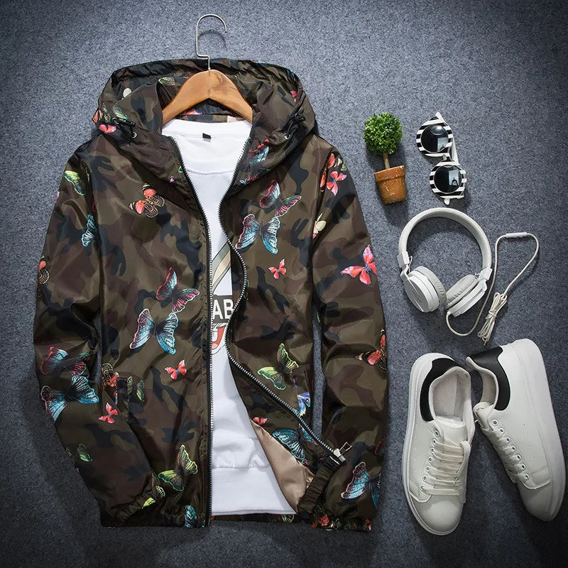 Mens Casual Camouflage Hoodie Jacket 2020 New Autumn Butterfly Print Clothes Men's Hooded Windbreaker Coat Male Outwea