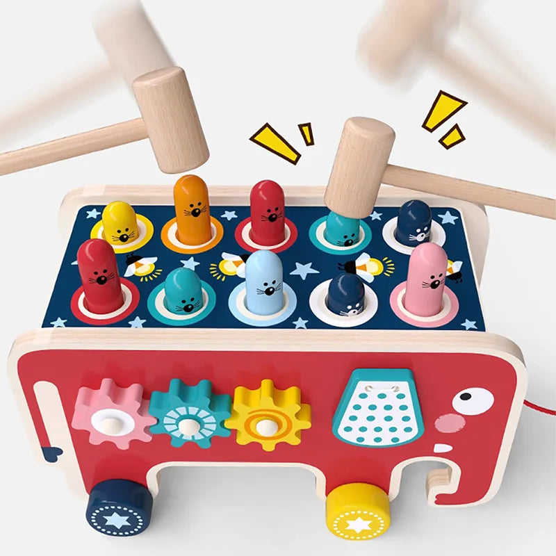 BabyToys bebe Toddler Kids Wooden Fun Game Montessori Activity Toys For Children Elephant Beating Whack-A-Mole Hammer Pounding