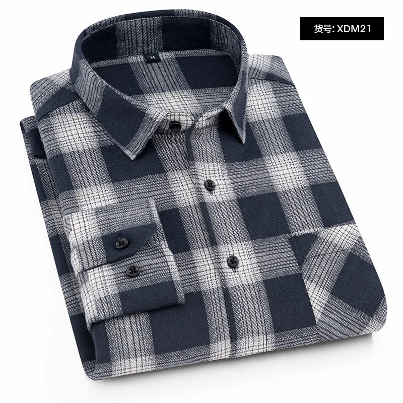 Quality Flannel Plaid Men Shirt Cotton Spring Autumn Casual Long Sleeve Dress Shirts Soft Comfort Slim Fit Button Down Clothes