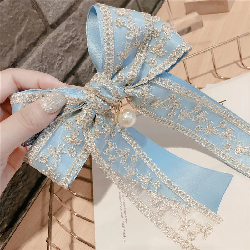 Korean Fabric Big Bow Spring Clip Lady Lace Embroidery Hair Clip Hairgrip Holiday Gifts Women Hair Pins Wedding Hair Accessories