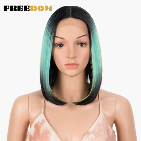 FREEDOM Straight Synthetic Lace Wigs Short Bob Ombre Blue Colorful Wigs For Black Women Cosplay Wigs Middle Part Lace Wig