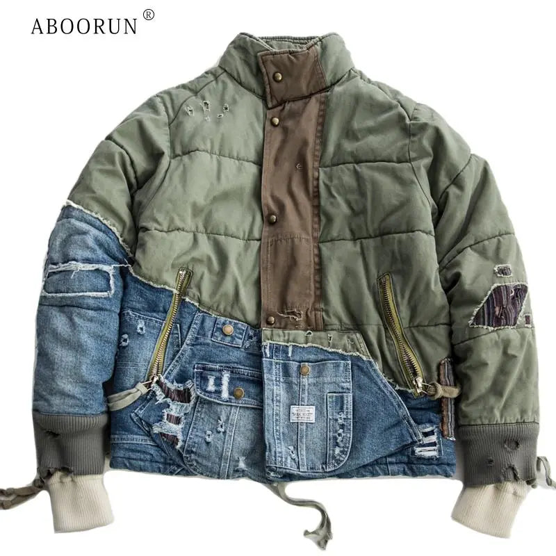 ABOORUN Men's Hi Street Hole Patchwork Denim Jacket Streetwear Thick Down Cotton Jean Coat for Male