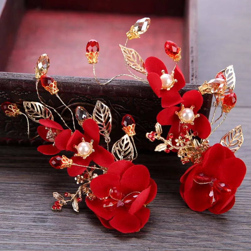 New Fashion Chinese Red Flower Simulated Pearl Crystal Hair Clip Hairpin Noiva Bridal Bride Wedding Veil Decoration Jewelry