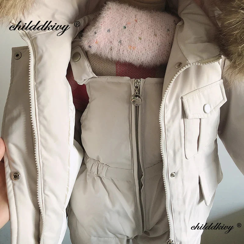 2pcs Set Children Winter Down Jacket and Jumpsuit for Baby Thicken Jacket for Girls Coat Warm Real Fur Collar Boys Snowsuit 0-4Y