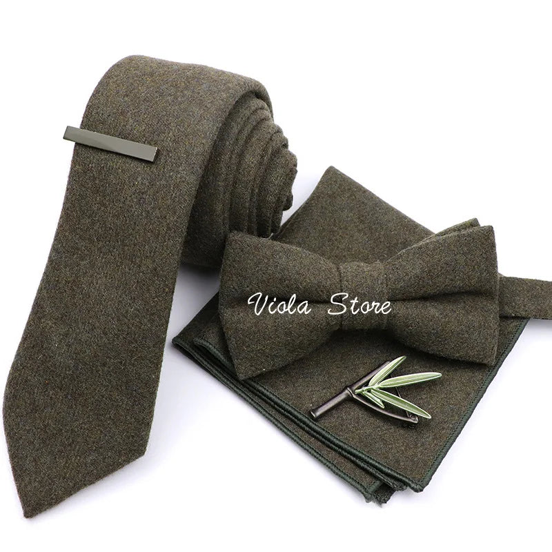 Top 50% Wool Soft 7cm Tie Bowtie Hankie Clip Brooch Sets Dusty Green Solid Classy Men Wedding Suit Daily Cravat Accessory Gift