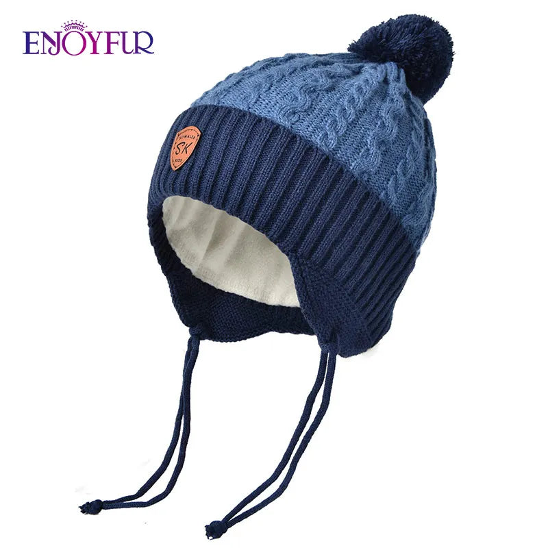 ENJOYFUR Warm Winter Baby Knitted Hats Real Fur Pompom Fleece lined Boy Caps Cute Thick Kids Elastic Earflap Outdoor Ski Beanies