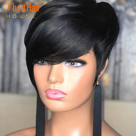 Pixie Short Cut Straight Bob Wig With Bangs For Black Women Brazilian Cheap Machine Made Human Hair Wig Natural Black Wigs