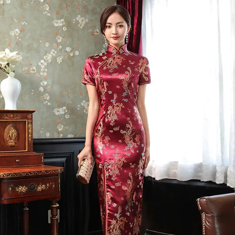 Sexy New Brocade Satin Long Fork Cheongsam Chinese Classic Women's Qipao Elegant Short Sleeve Novelty Wedding Evening Dress 4XL