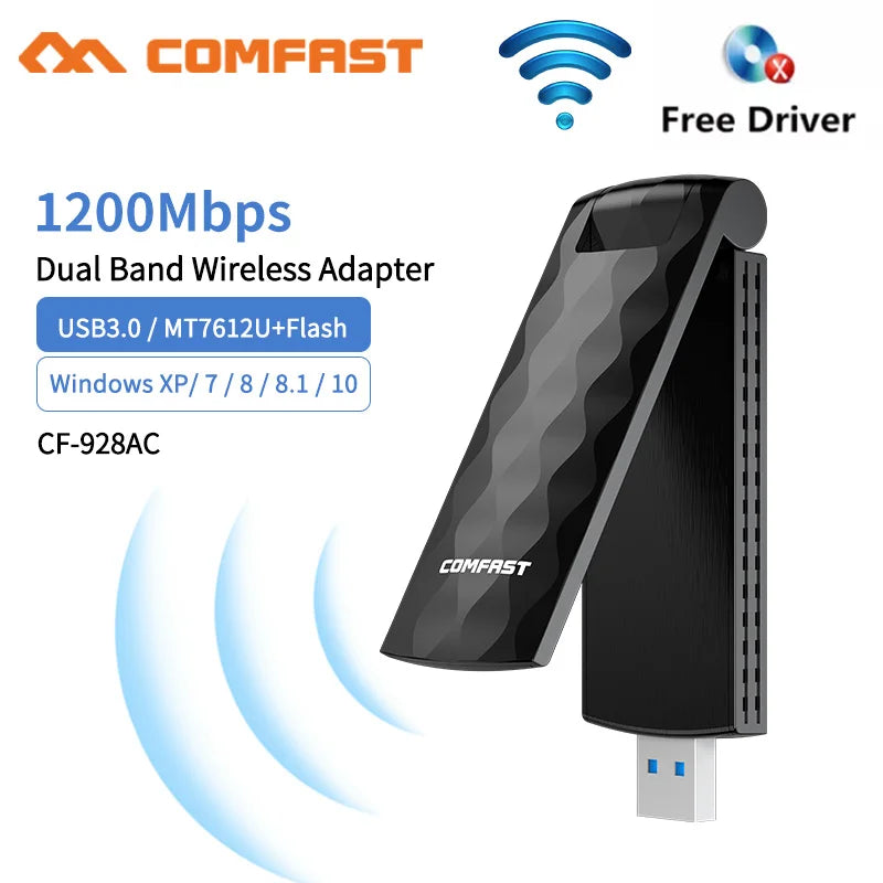 Free-Drive Wif Adapter 2.4&5.8Ghz MT7612U 1200M Wi-fi Antenna WI FI Wireless Network Card Desktop PC Windows Linux USB Receiver