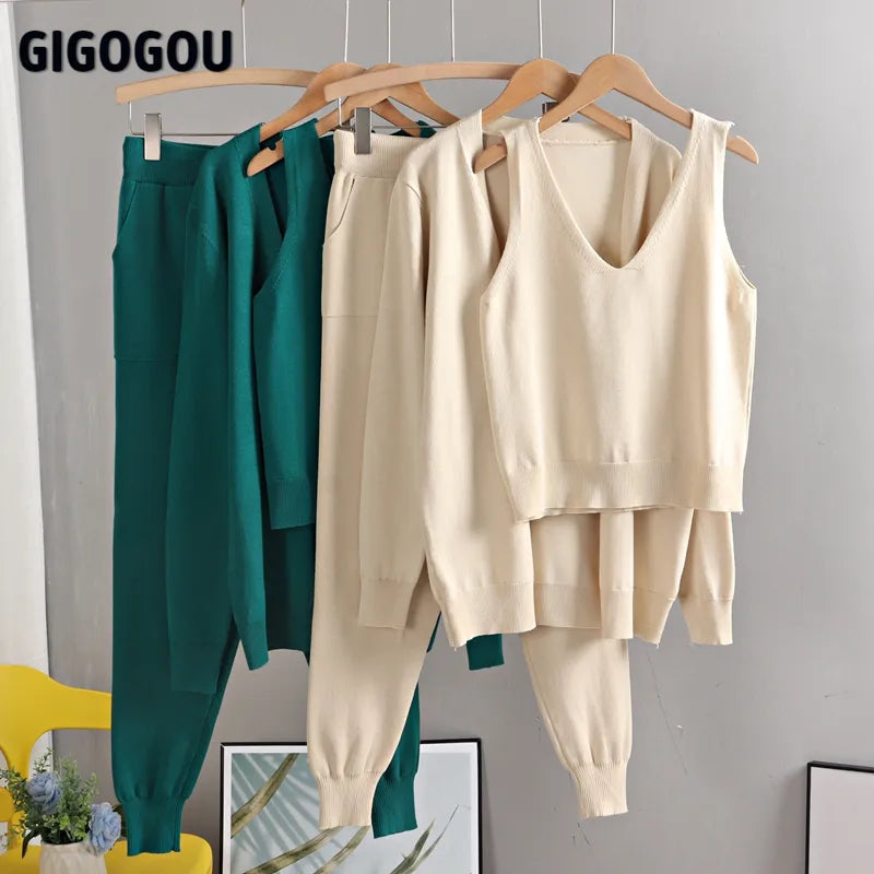 GIGOGOU Spring Autumn 3 Piece Women Cardigan Tracksuits Fashion Knitted Pocket Pant Set Ladies Sweater Suit