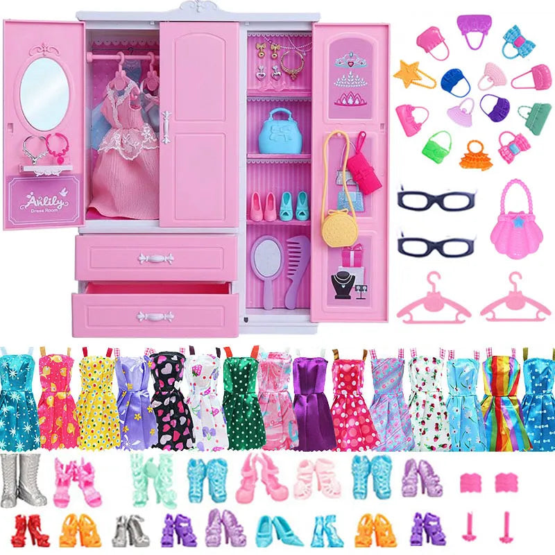 Barbies 31 Items/Set Dollhouse Furniture=1*Wardrobe+30*Doll Accessories Doll Clothes Dresses Crowns Necklace Shoes For Barbie