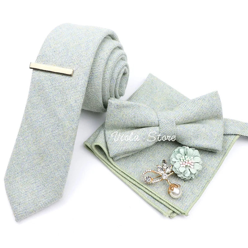 Top 50% Wool Soft 7cm Tie Bowtie Hankie Clip Brooch Sets Dusty Green Solid Classy Men Wedding Suit Daily Cravat Accessory Gift