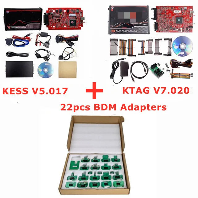 Online 2.80 EU Red Kess V5.017 OBD2 Manager Remap Kit KTAG V7.020 4 LED BDM Frame 22pcs Adapters K-TAG 2.25 ECU Flash Tool