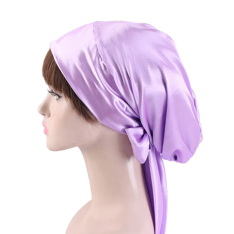 New Women Silk Satin Night Sleeping Cap Head Wrap Bowknot Turban Pre Tied Fitted Bandana Chemo Cap Nightcap Hair Loss Patients