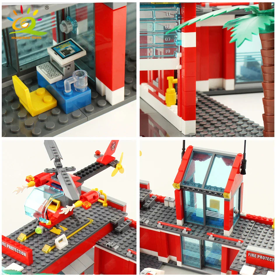 HUIQIBAO 756pcs Fire Station Model Building Blocks Truck Helicopter Firefighter Bricks City Educational Toys For Children Gift