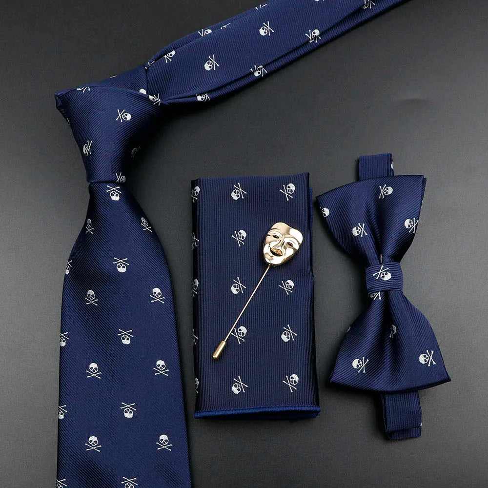 Fashion Men's Skull Tie Set New Design 8cm Polyester Suit Collar Bowtie Handkerchief Trendy Mask Brooch Luxury Wedding Accessory