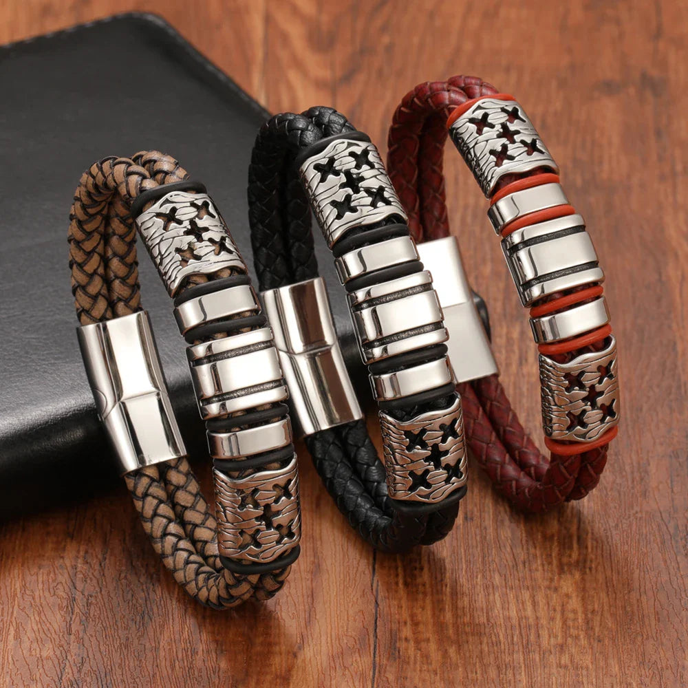 Fashion Men‘s Women’s Titanium Steel Double Braided Leather Bracelet Stainless Magnetic Clasp Wrist Jewelry Gift Free Shipping