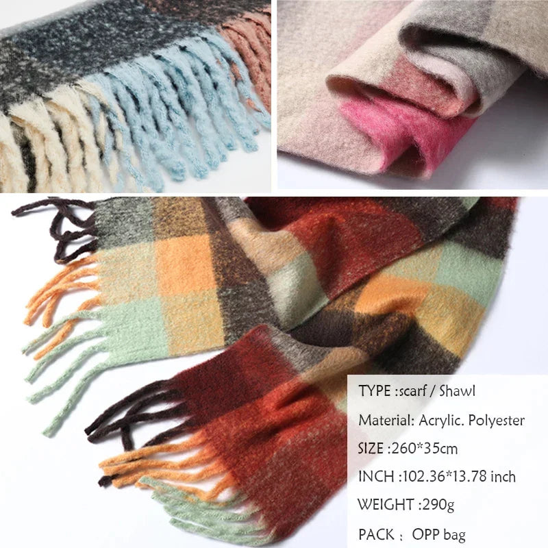 Luxury Brand Women Plaid Scarf Winter Warm Pashmina Shawls Cashmere Thick Wrap Lady Tassel Scarves Rainbow Hairy Bufanda