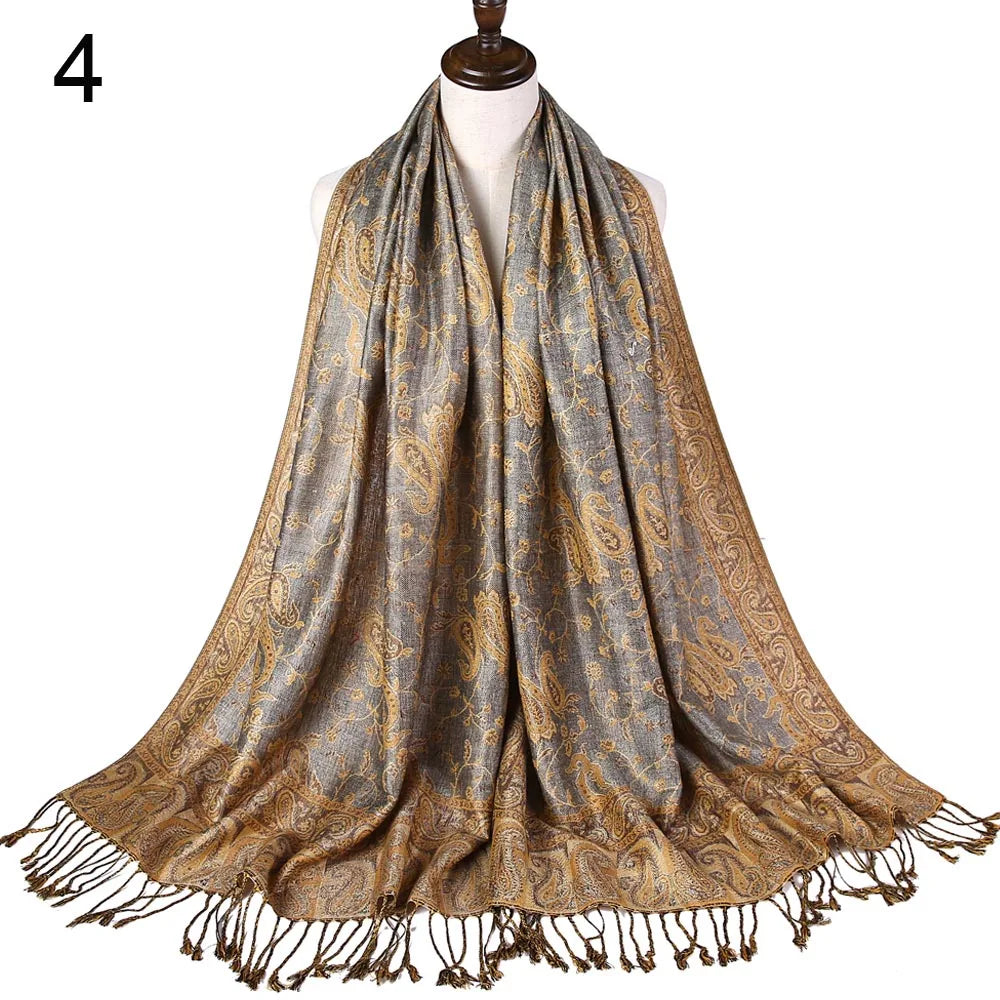 Pashmina Silk Scarf Shawl Wrap Paisley Jacquard Flowers Borders Rave 2 Layers Reversible Classic Tassels For Women 70X180cm 200g