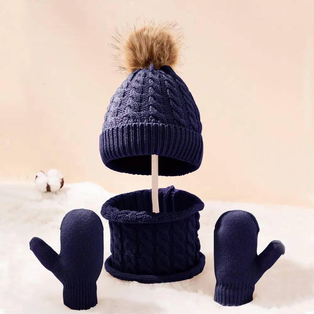 3pcs/set Kids Winter Hat Scarf Mittens Set Toddler Knitted Girls Children Neck Warmer Boys Warm Gloves 0-36 Months