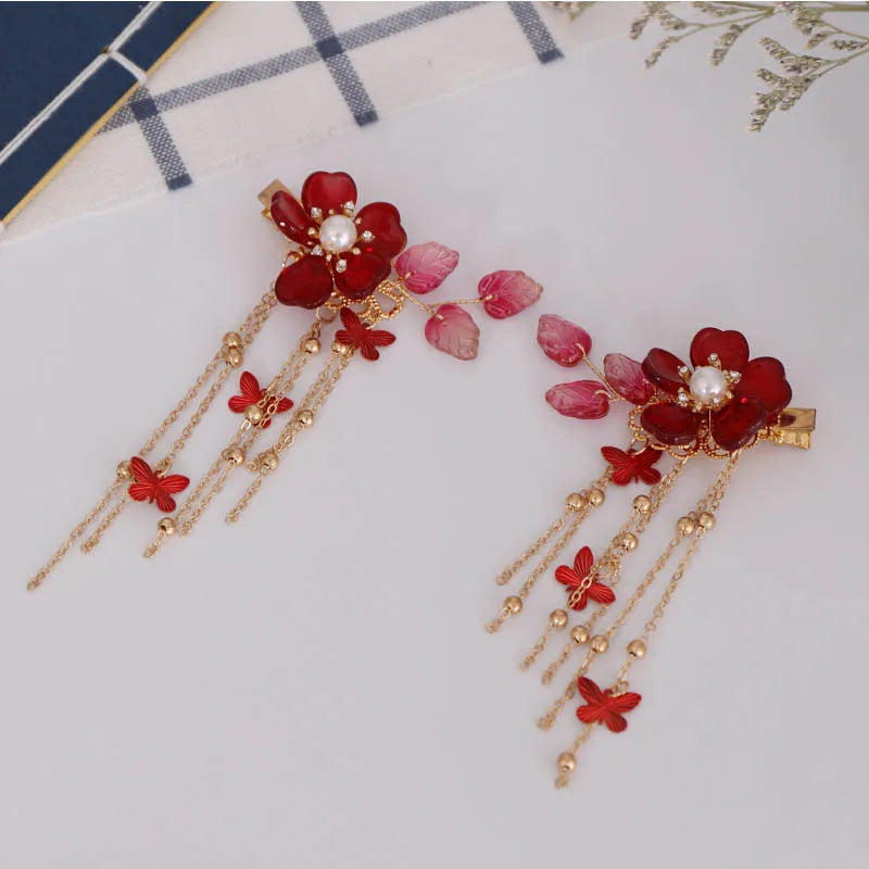 1pair Chinese Hanfu Hair Accessories Red Flower Hairpins Vintage Dress Headwear Long Butterfly Tassels Hair Clip Noiva Jewelry