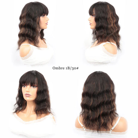 Wet And Wavy Bob Wigs With Bangs Ombre Human Hair Wigs Brazilian Natural Wave Full Machine Wig For Women Perruque Cheveux Humain