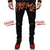 New Men Trend Black Ripped Jeans Fashion Street Hole Trousers Cozy Skinny Design Hot Rhinestone Stretch Soft Washed Denim Pants