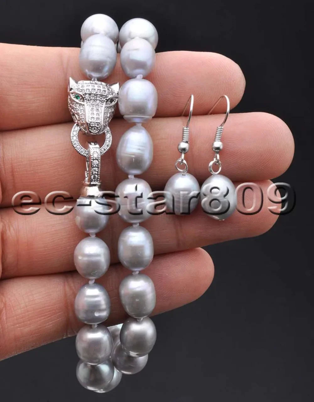 P6188 SET 13mm Gray White Black Rice Freshwater Pearl Necklace Bracelet Earring